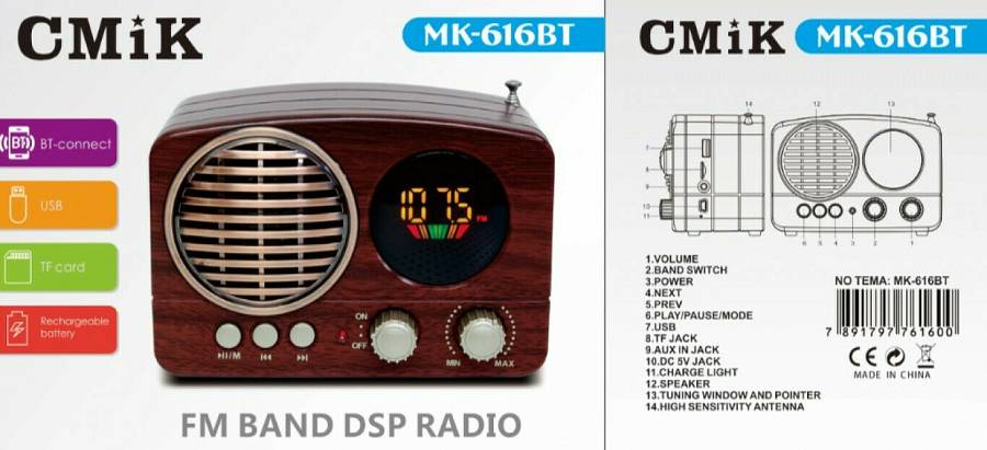CMiK MK-616BT Retro Επιτραπέζιο Ραδιόφωνο Επαναφορτιζόμενο με Bluetooth και USB Καφέ